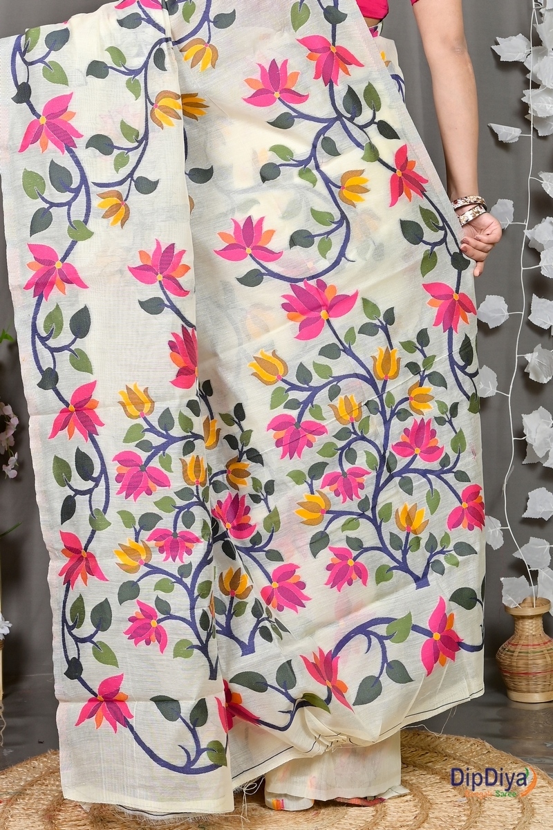 White Cotton Silk Parmix Hand Loom Saree (368)